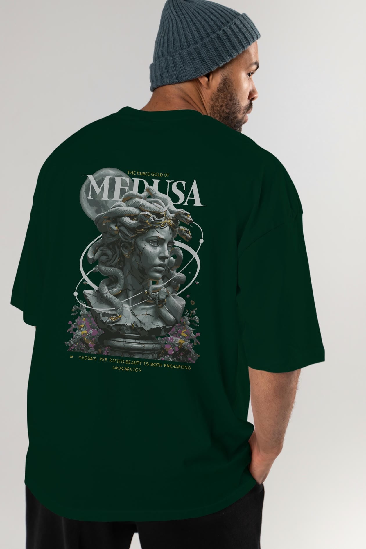 Medusa Arka Baskılı Oversize t-shirt Erkek Kadın %100 Pamuk Bisiklet Yaka tişort