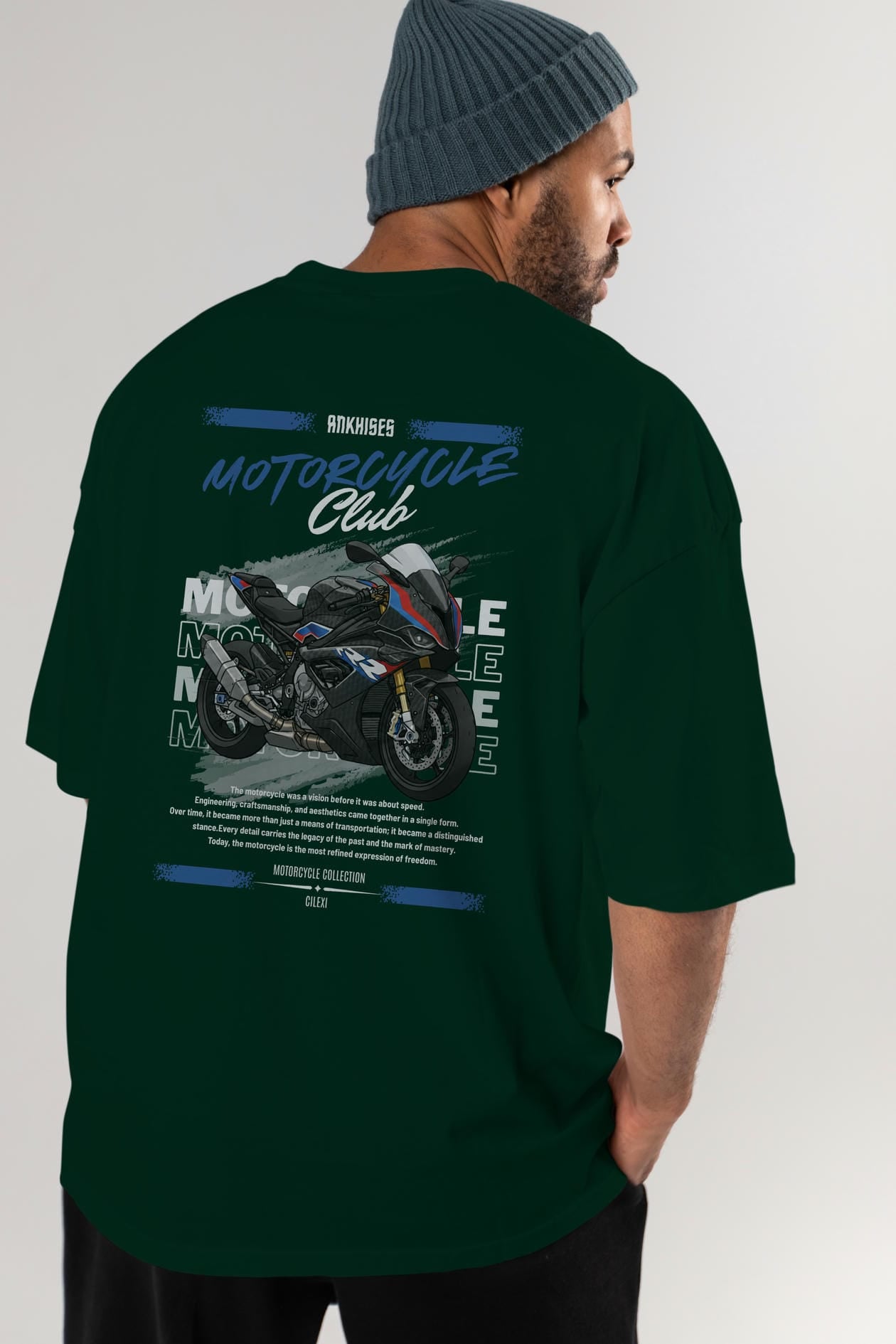 Motosiklet Serisi 2 Arka Baskılı Oversize t-shirt Erkek Kadın %100 Pamuk Bisiklet Yaka tişort