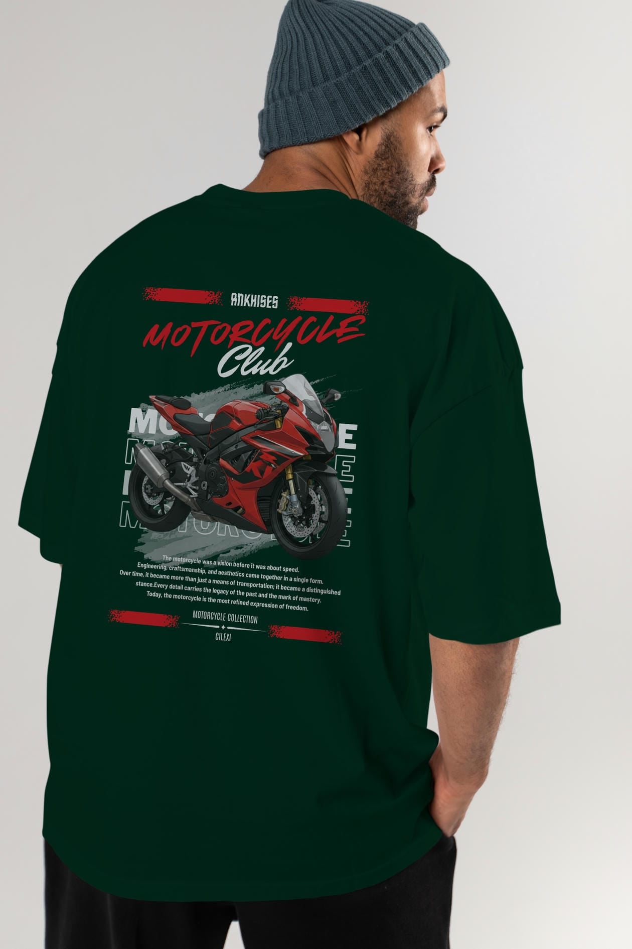 Motosiklet Serisi 5 Arka Baskılı Oversize t-shirt Erkek Kadın %100 Pamuk Bisiklet Yaka tişort