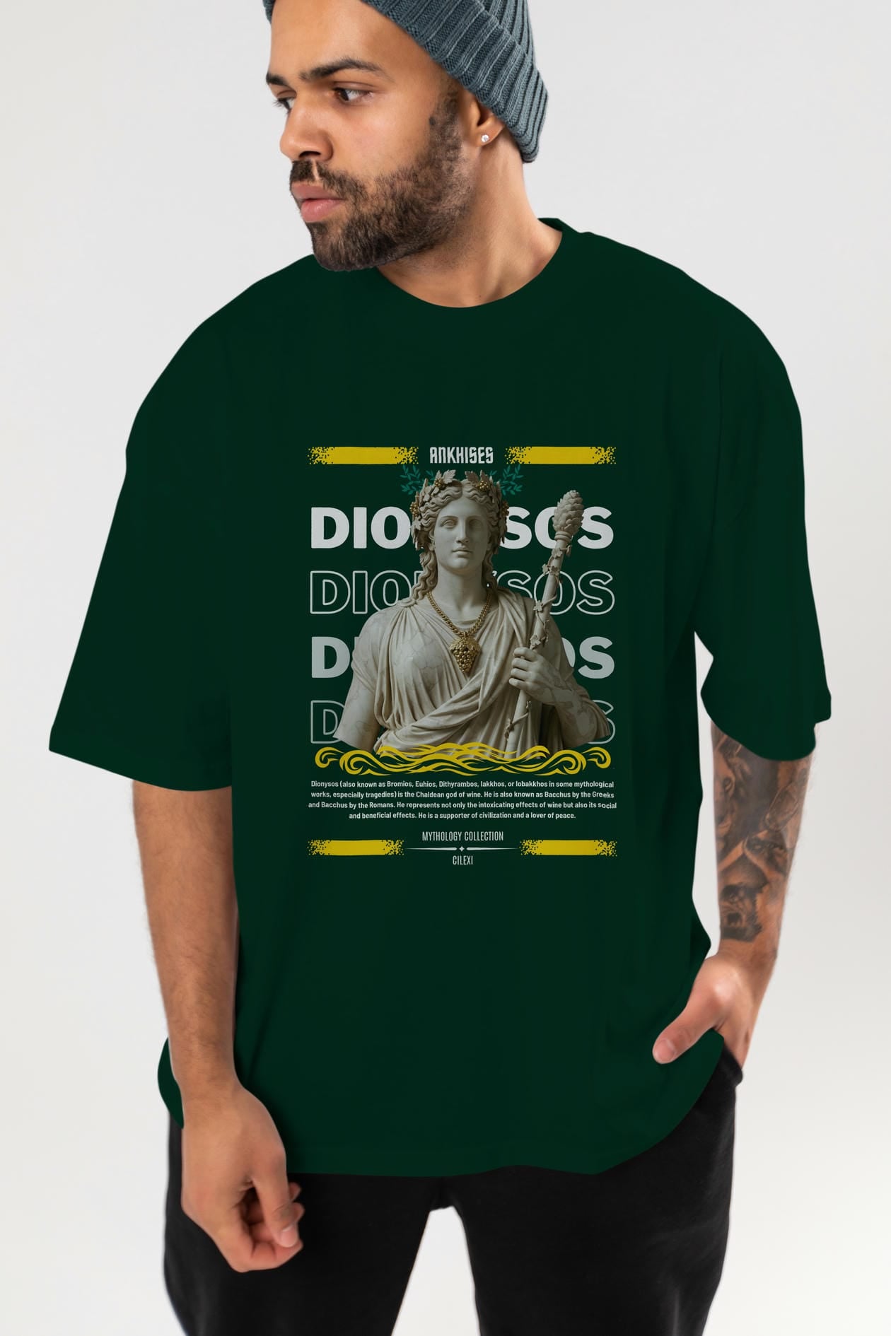 Dionysos 1 ön Baskılı Oversize t-shirt Erkek Kadın %100 Pamuk Bisiklet Yaka tişort