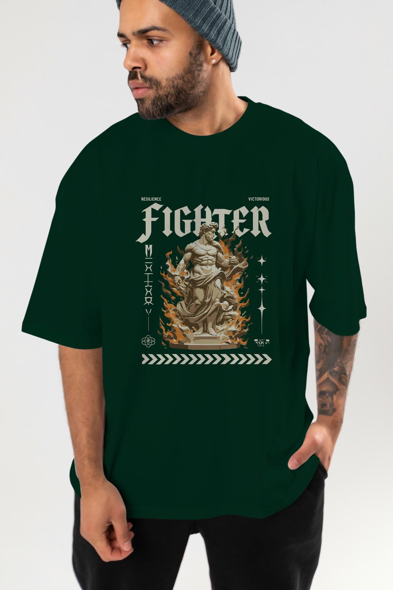 Fighter ön Baskılı Oversize t-shirt Erkek Kadın %100 Pamuk Bisiklet Yaka tişort